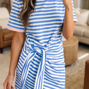 Sky Blue Stripe Nautical Tie-Trim T Shirt Dress