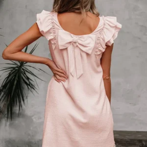 Light Pink Textured Mini Dress with Flutter Sleeves, Square Neck & Bow Back
