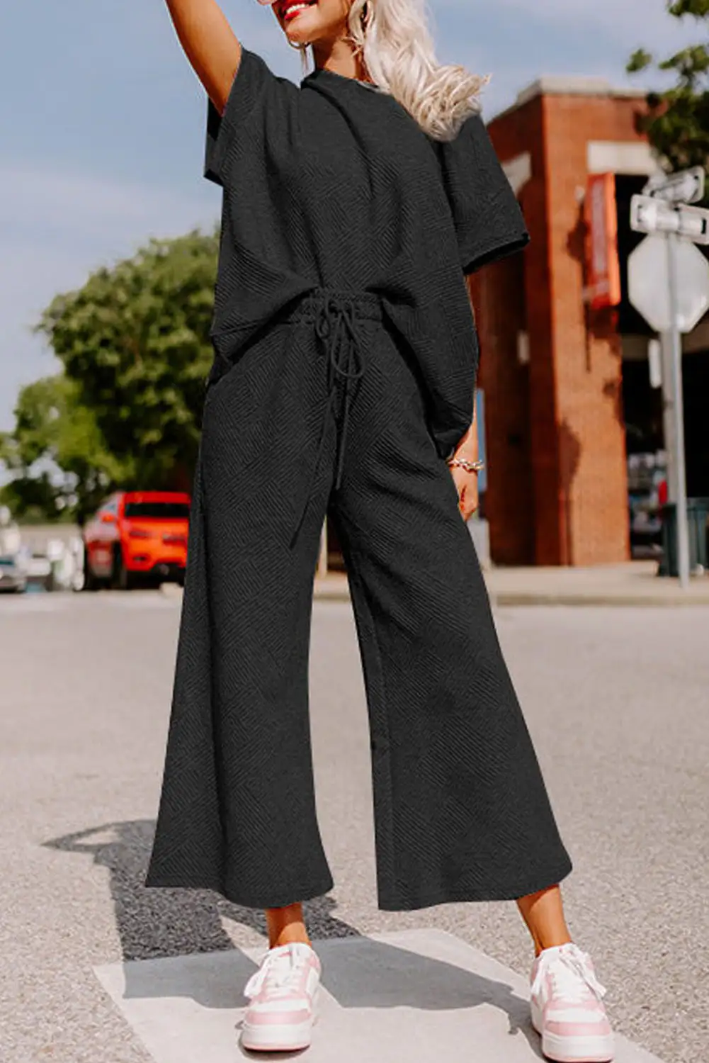 Stylish Black Textured Loose Fit Two Piece Set