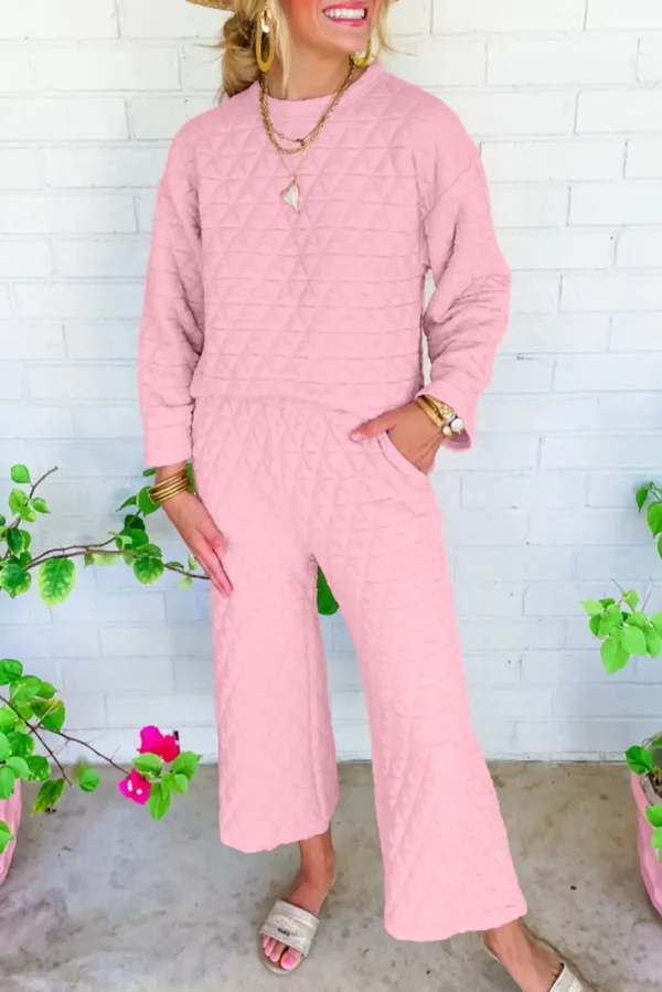 Stylish Pink Solid Quilted Pullover and Pants Set