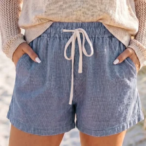 Blue Stripe Denim Shorts with Drawstring – Casual Elastic-Waist Fit