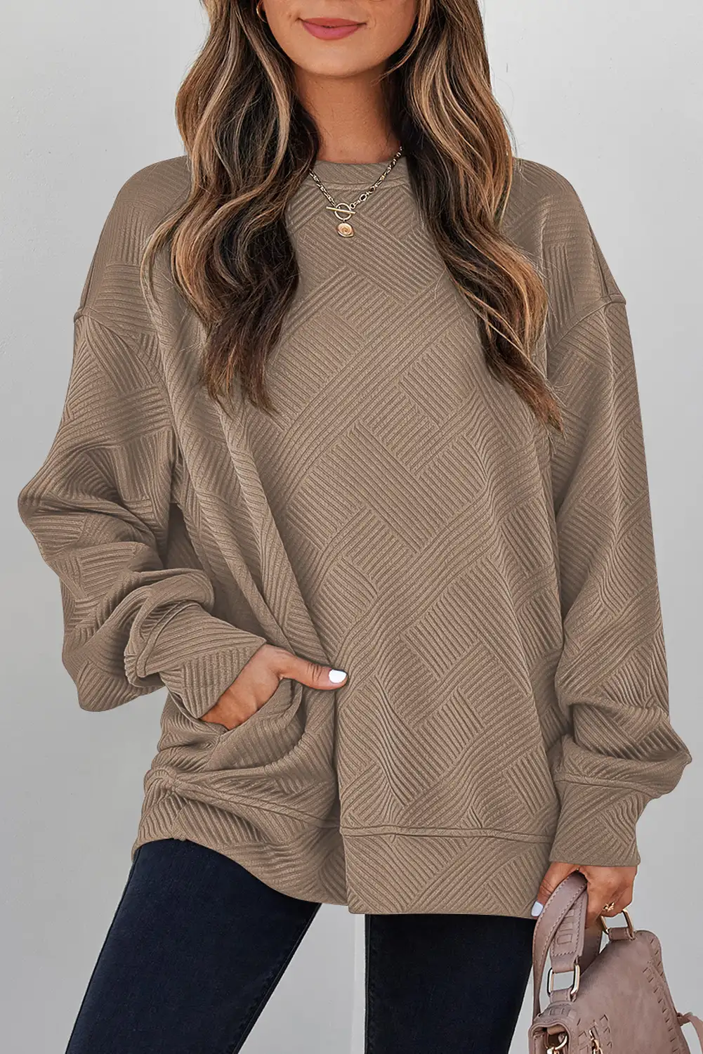 Parchment Textured Solid Round-Neck Sweatshirt - Drop Shoulder Casual Pullover
