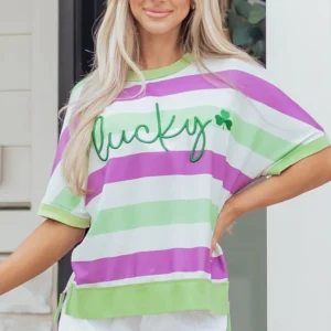 Green Stripe Clover Embroidered Dolman Tee