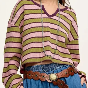 Spinach Green Striped Waffle Top with Notched Neck - Long Sleeve