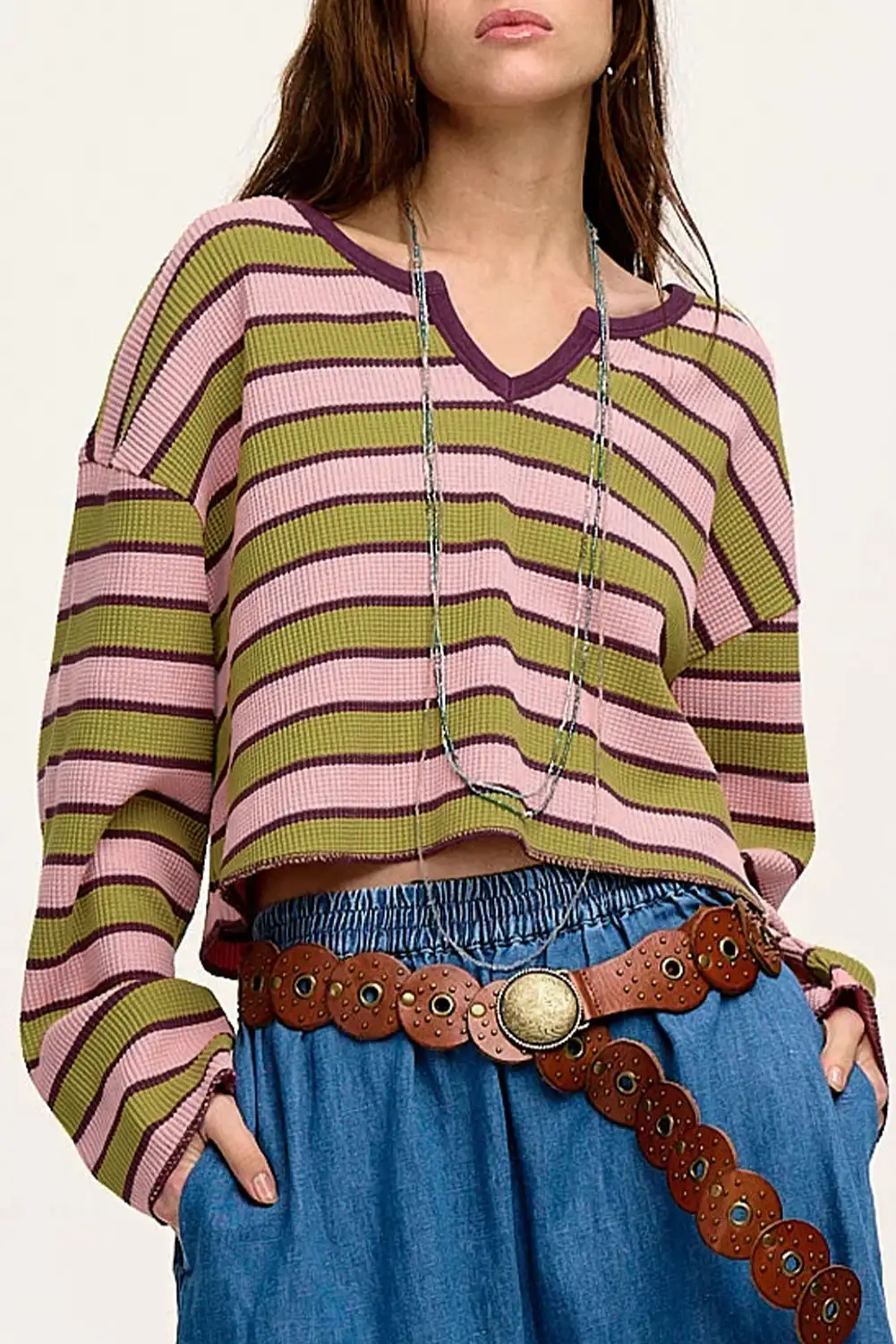 Spinach Green Striped Waffle Top with Notched Neck - Long Sleeve