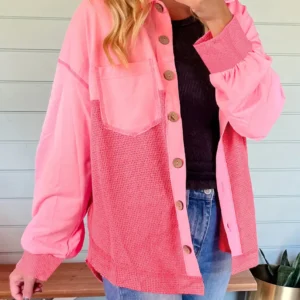 Peach Blossom Waffle Knit Buttoned Shacket for Cozy Casual Fall and Autumn Days in Delightful Pink Color Block Design
