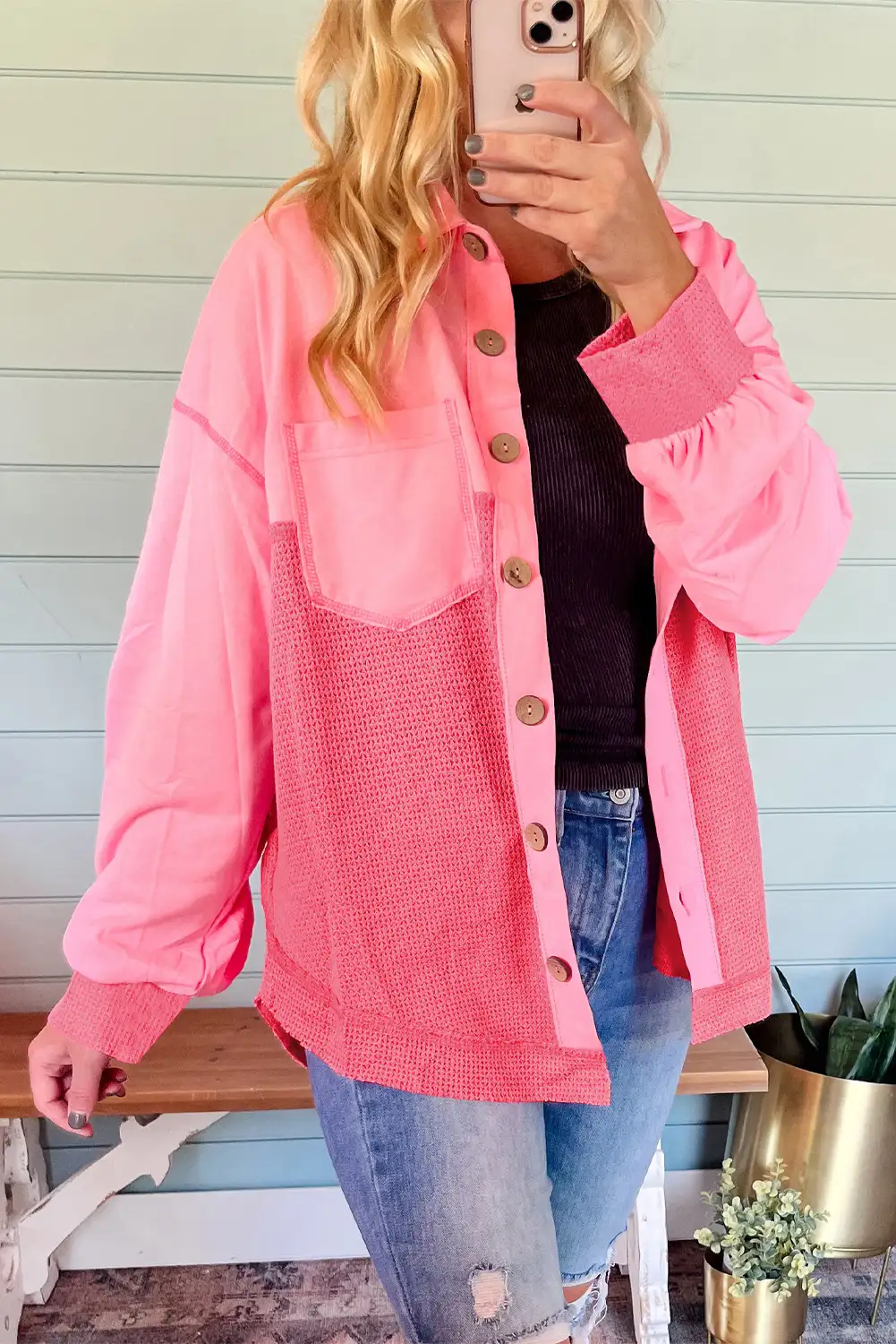 Peach Blossom Waffle Knit Buttoned Shacket