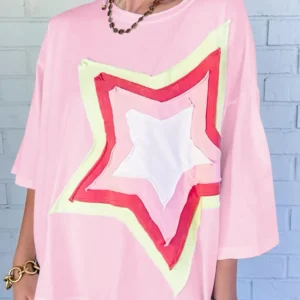 Chic Summer Colorblock Star Patched Oversized Tee in Trendy Pink for Effortless Casual Daily Style