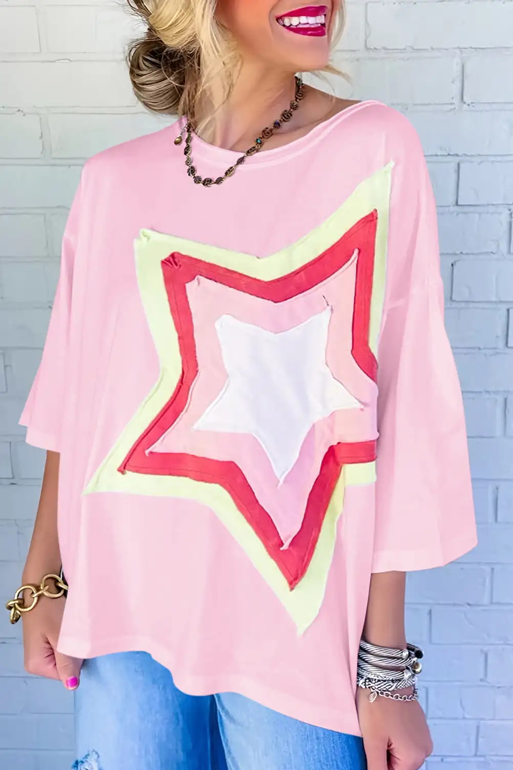 Colorblock Star Patched Oversized Tee