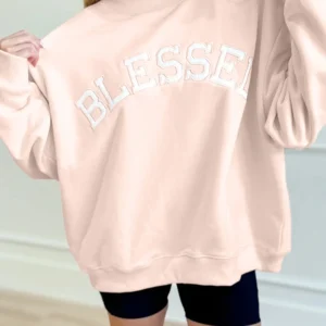 Light Pink Oversize Blessed Embroidered Mock-Neck Sweatshirt