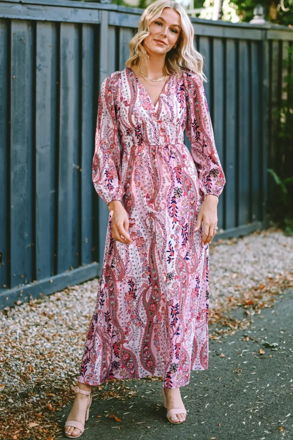 Boho Paisley Print V Neck Maxi Dress Multicolor