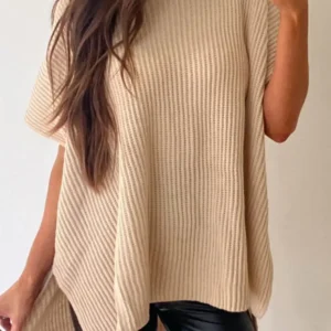 Trendy Chic Apricot Oversized Short Sleeve Sweater for Casual Fall and Autumn Fashion