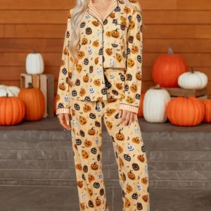 Orange Pumpkin Print 2-Piece Lounge Set - Long Sleeve