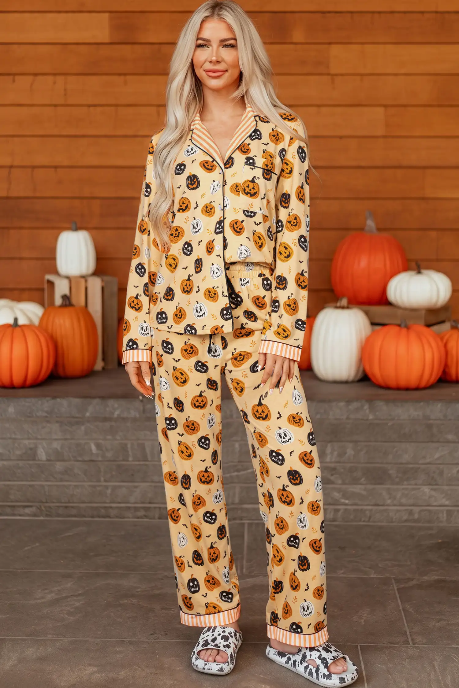 Orange Pumpkin Print 2-Piece Lounge Set - Long Sleeve