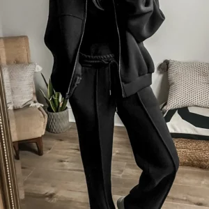 Versatile Solid Black Zipper Jacket and Wide Leg Drawstring Waist Pants Set for Casual Daily Wear in Fall and Autumn