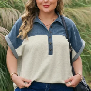 Light Grey Patchwork Denim Polo Top - Short Sleeve, Plus Size
