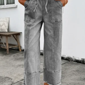Gray Drawstring Seam-Detail Raw-Hem Wide-Leg Denim Pants