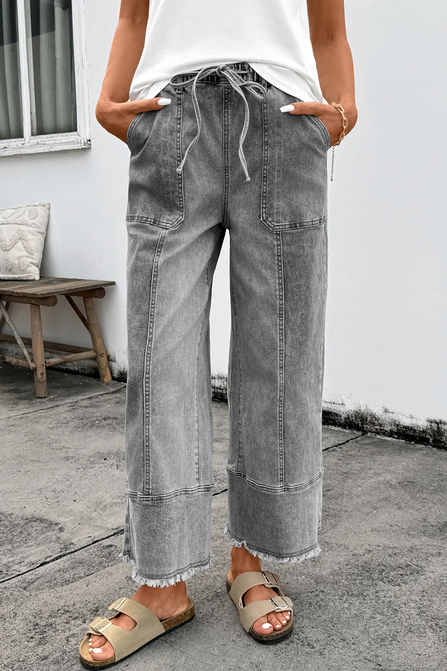 Gray Drawstring Seam-Detail Raw-Hem Wide-Leg Denim Pants