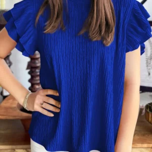 Dark Blue Textured Ruffle Trim Short Sleeve Blouse