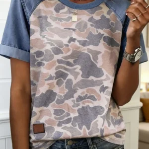 Multicolour Camo Patchwork Denim-Sleeve Tee
