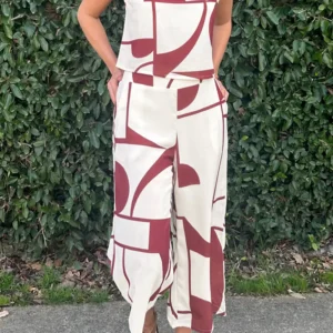 Abstract White Vest and Wide Leg Pants Set