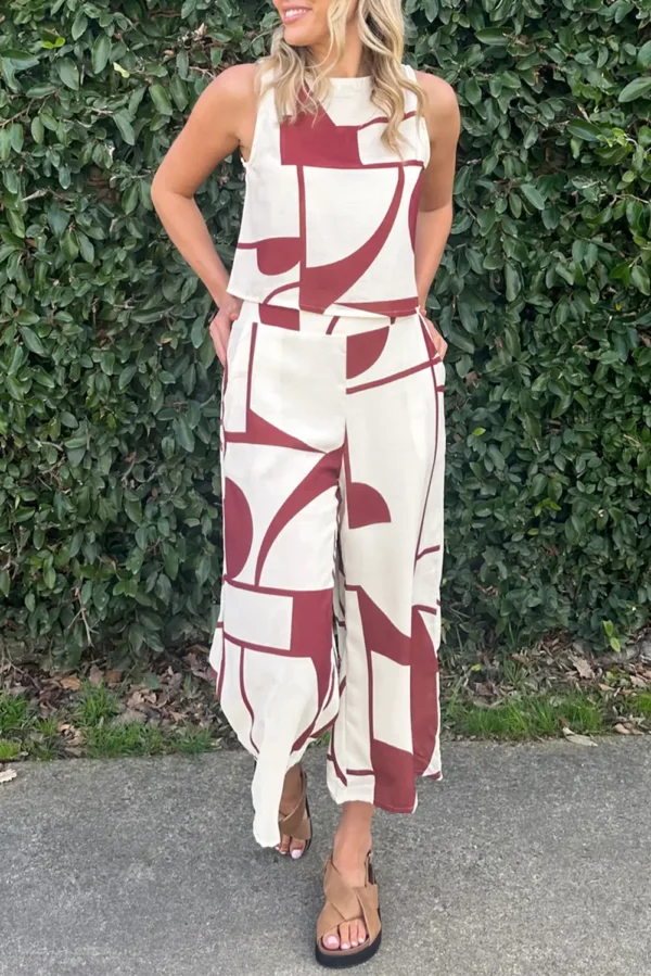 Abstract White Vest and Wide Leg Pants Set