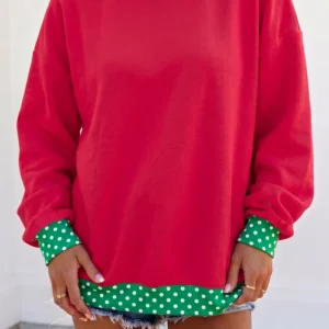 Racing Red Colorblock Polka Dot Oversized Sweatshirt with Contrast Trim