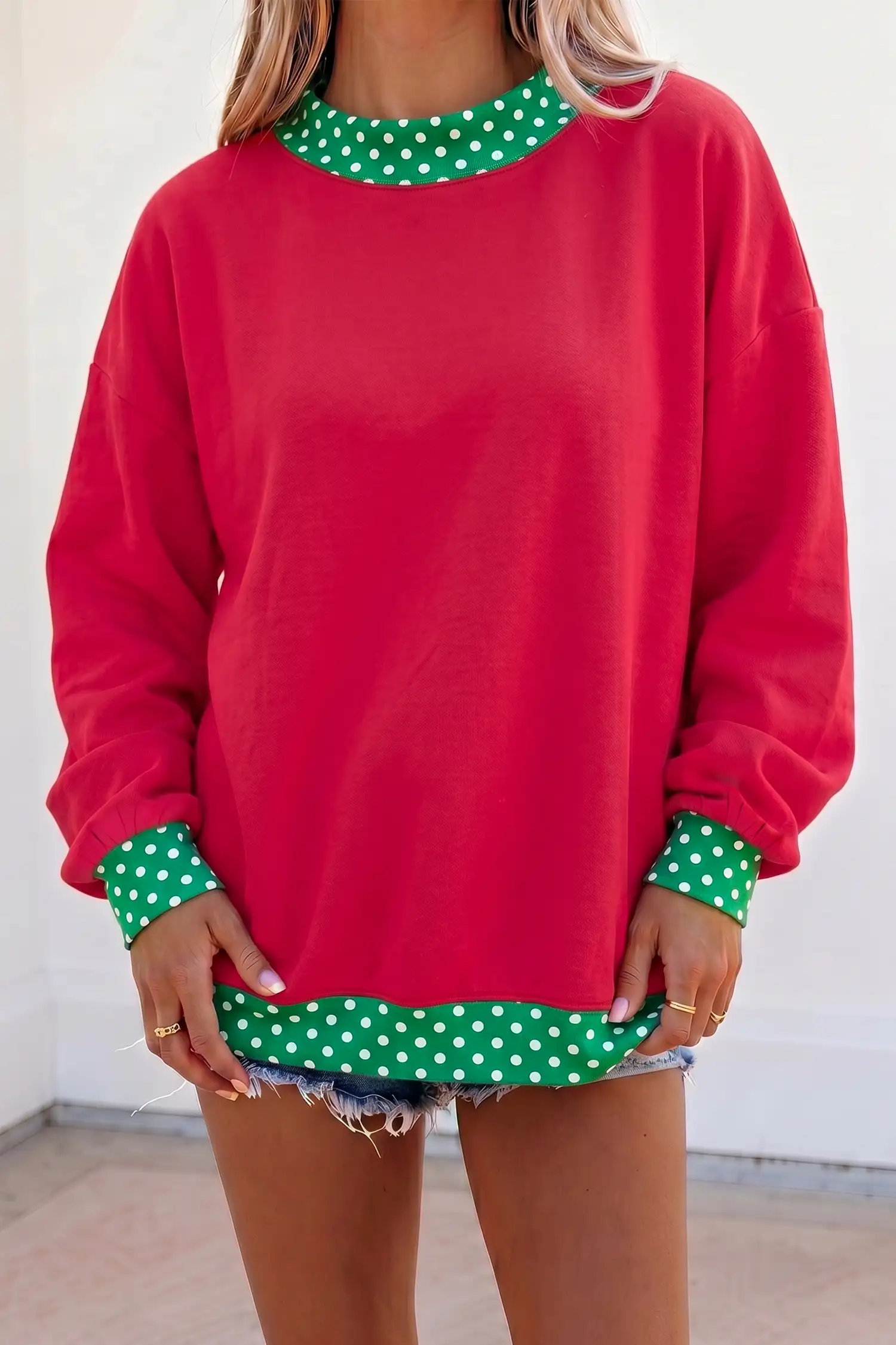 Racing Red Colorblock Polka Dot Oversized Sweatshirt with Contrast Trim