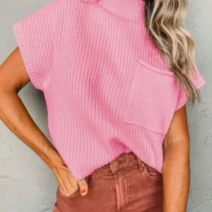 Stylish Pink Ribbed Knit Short Sleeve Sweater