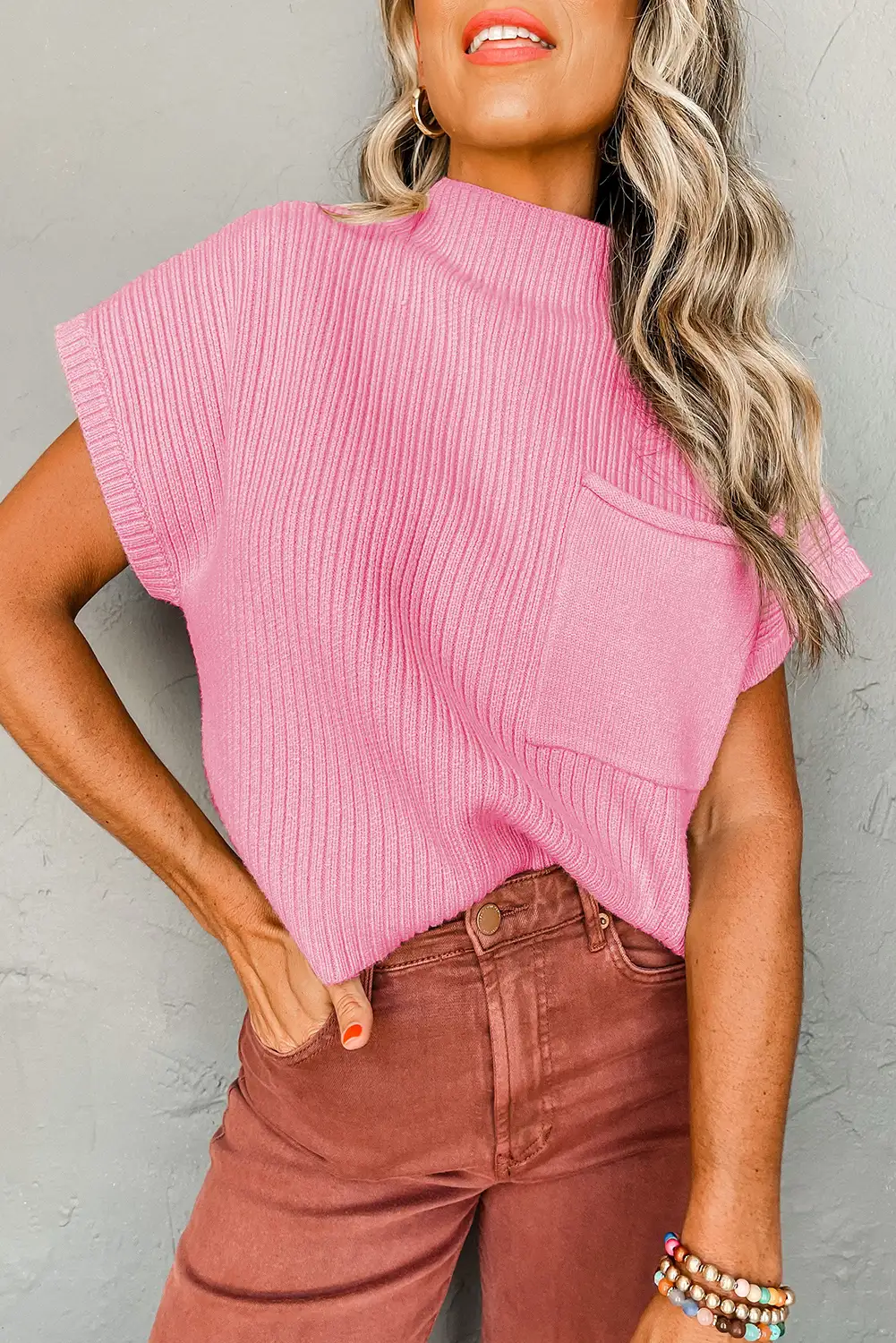 Stylish Pink Ribbed Knit Short Sleeve Sweater