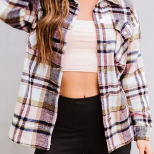 Cozy Autumn Pink Geometric Plaid Pocketed Shacket for Trendy Fall Outerwear Fashion