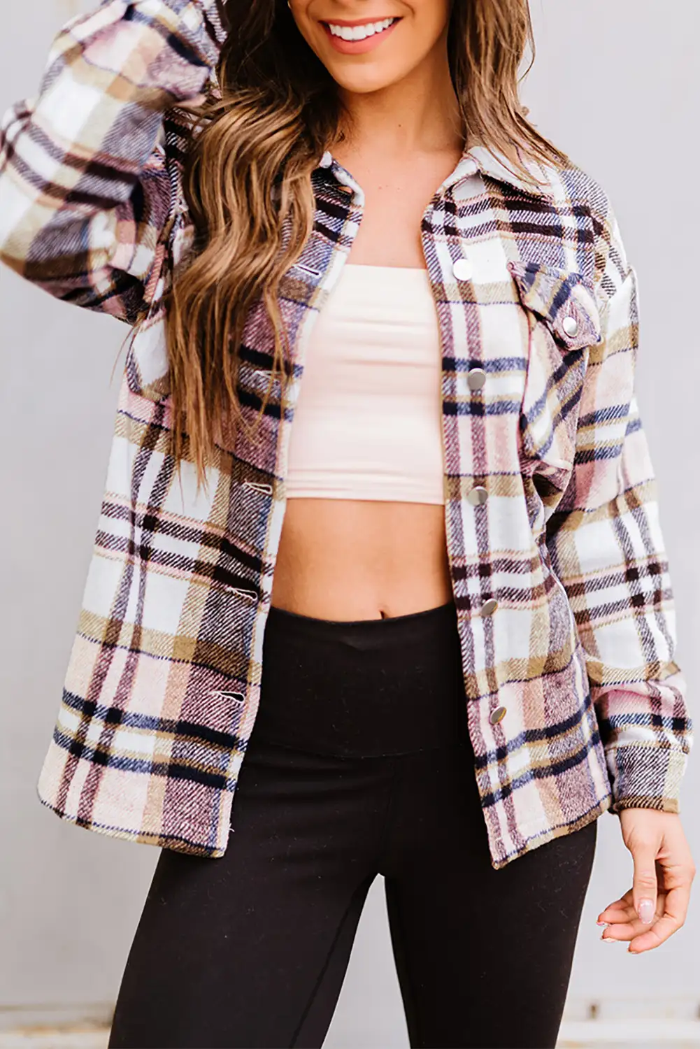 Pink Geometric Plaid Pocketed Shacket