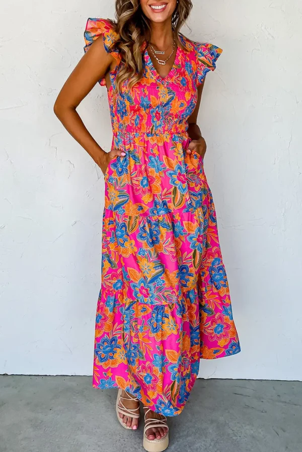 Boho Floral Ruffle Maxi Dress - Rose Red