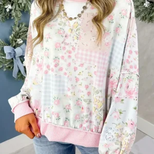 Pink Floral Patchwork Ribbed Long Sleeve Top