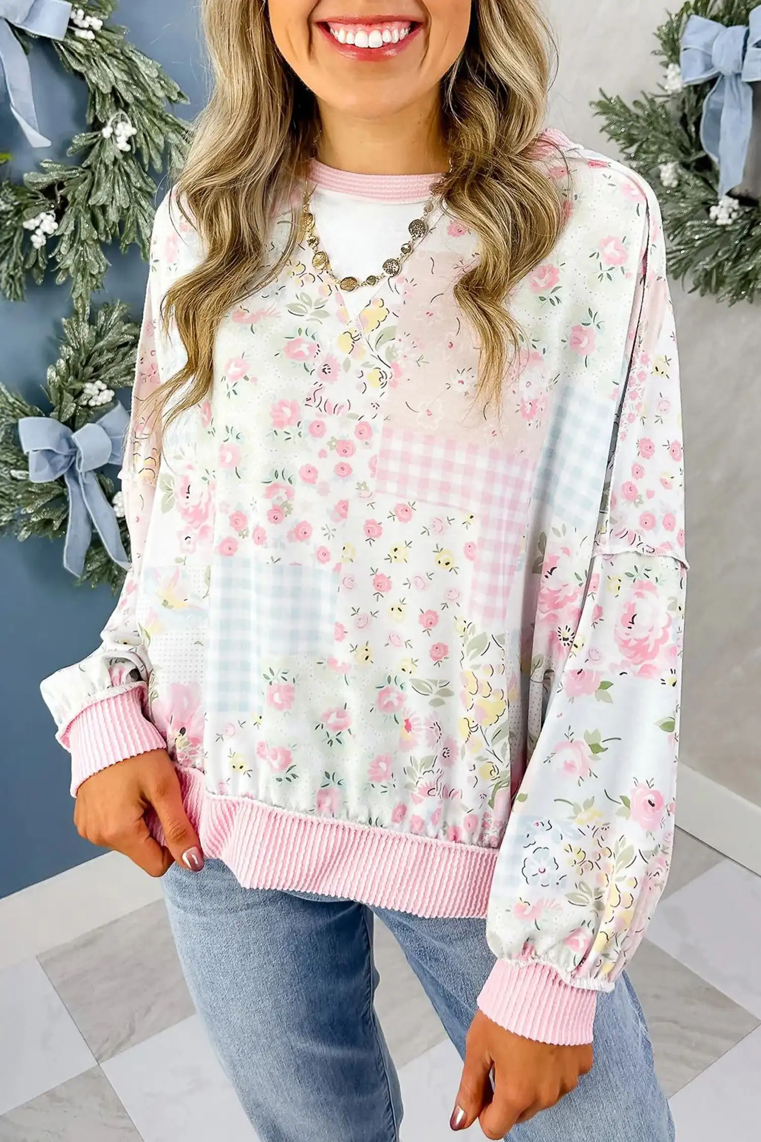 Pink Floral Patchwork Ribbed Long Sleeve Top