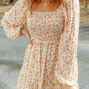 Apricot Boho Floral Smocked Puff Sleeve Mini Dress - Casual