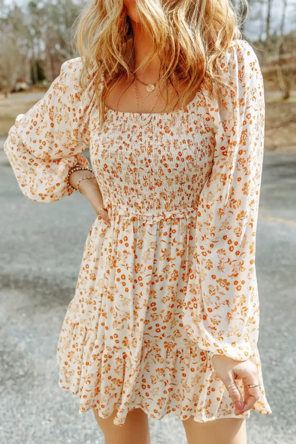 Apricot Boho Floral Smocked Puff Sleeve Mini Dress - Casual