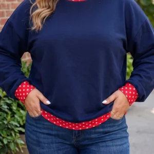 Dirty Blue Patchwork Polka Dot Round Neck Sweatshirt Plus Size