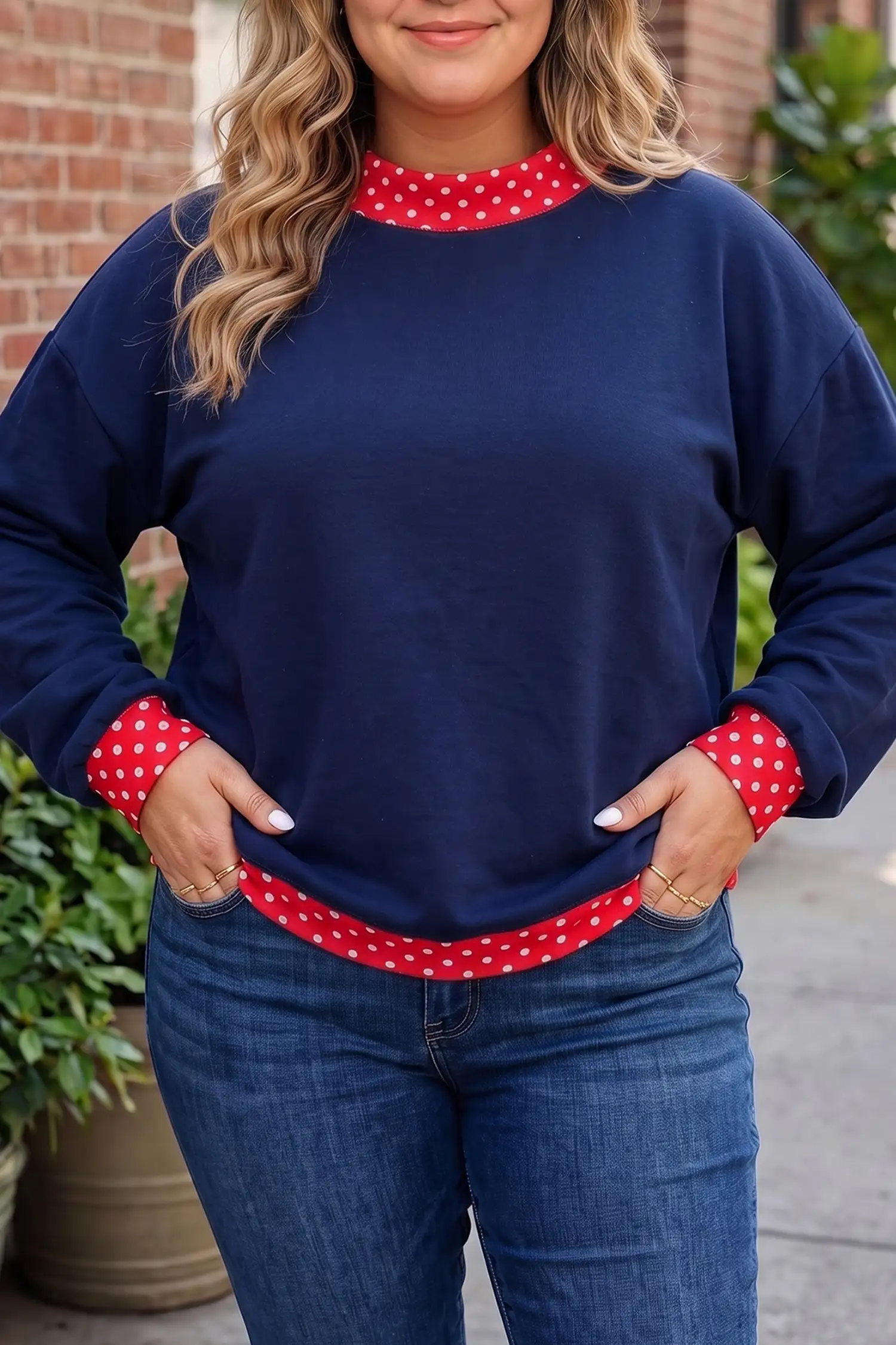 Dirty Blue Patchwork Polka Dot Round Neck Sweatshirt Plus Size