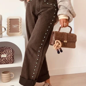 Coffee Studded-Detail Straight-Leg Denim Jeans
