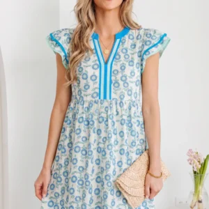 Sky Blue Floral Print Flutter Sleeve Mini Dress with Contrast Trim