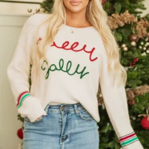 Beige Tinsel Holly Jolly Graphic Knit Sweater