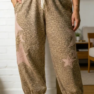 Khaki Leopard Print Western Star Patched Jogger Pants - Plus Size