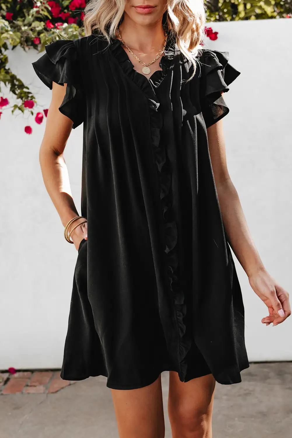 Sweet Black Ruffle Sleeve Shift Dress
