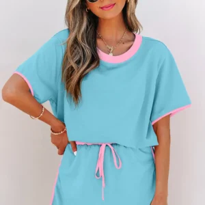 Turquoise Colorblock Drop-Shoulder Tee & Skort 2-Piece Set