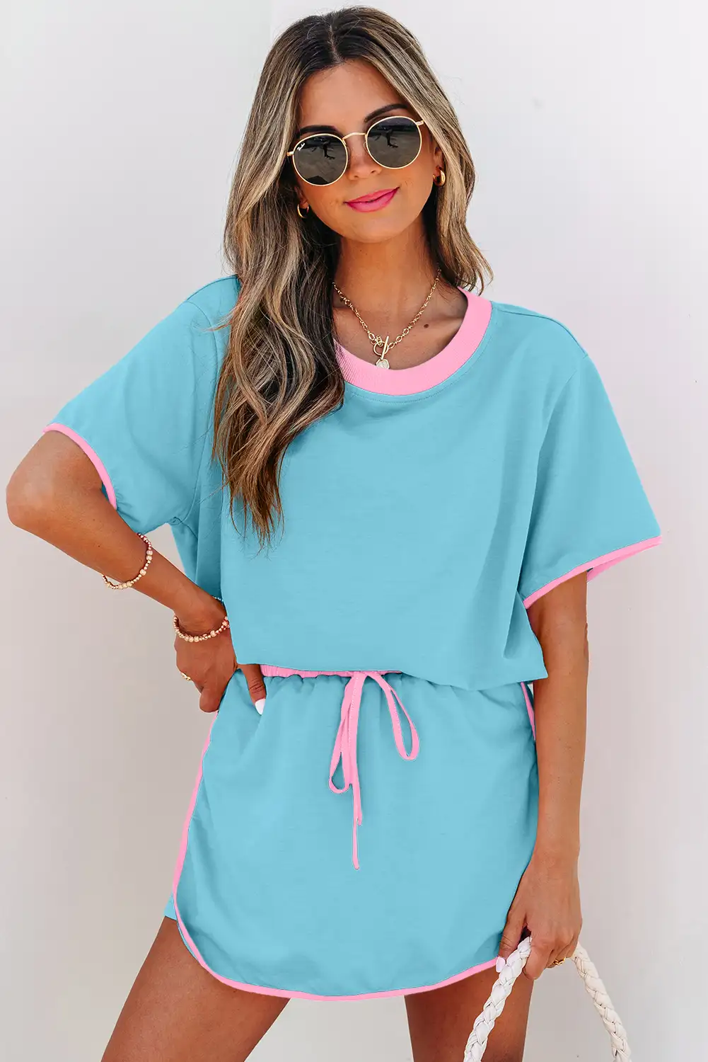Turquoise Colorblock Drop-Shoulder Tee & Skort 2-Piece Set