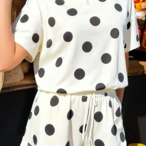 Black Polka Dot Loose Tee & Shorts Set with Drawstring Waist