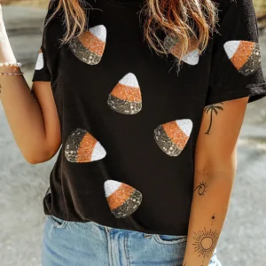 Catchy Black Sequin Triangle Graphic T-Shirt for Casual Halloween Style Perfect for Summer Festivities and Holiday Celebrations