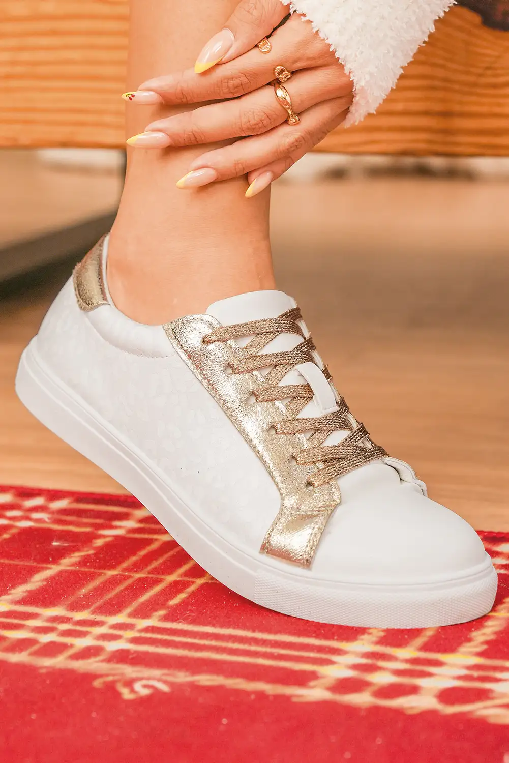 White Leopard Print Glitter PU Leather Lace-Up Shoes