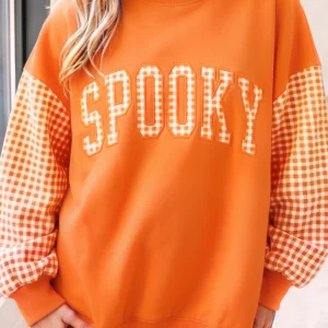 Carrot Gingham Oversized Pullover Sweatshirt with Plaid Colorblock